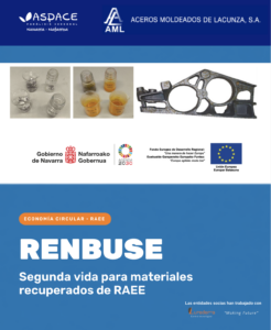 Imágenes de materiales recuperados, muestras de laboratorio y una pieza piloto del proyecto RENBUSE, junto a los logotipos del Gobierno de Navarra y FEDER.